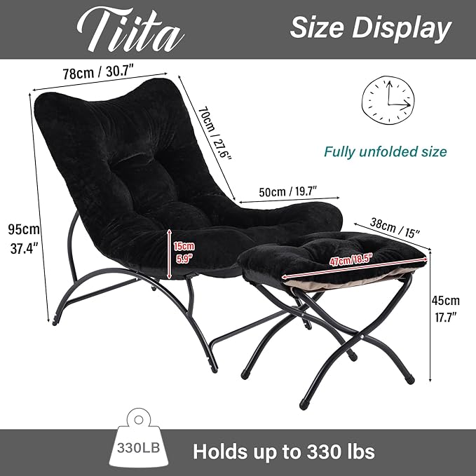 Tiita Accent Lazy Chair with Ottoman Comfy Lounge Chair with Metal Frame and Plush Fabric Thick Cushion Seated Cozy Recliner Chair for Reading Room Living Room Bedroom Office Black