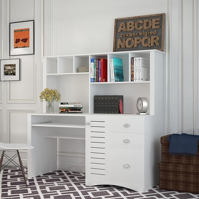 CNPRAZ Home Office Computer Desk Desk with Storage Cabinet for Living Room Bedroom Office Versatile Easy to Assemble Antique White Finish