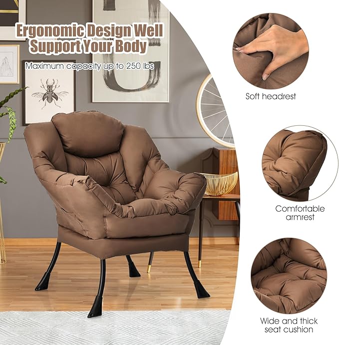 Giantex Modern Lazy Chair Accent Contemporary Lounge Chair Polyester Fabric w/Steel Frame Upholstered Single Sofa Chair w/Armrests &amp Side Pocket Leisure Sofa Chair (Brown)