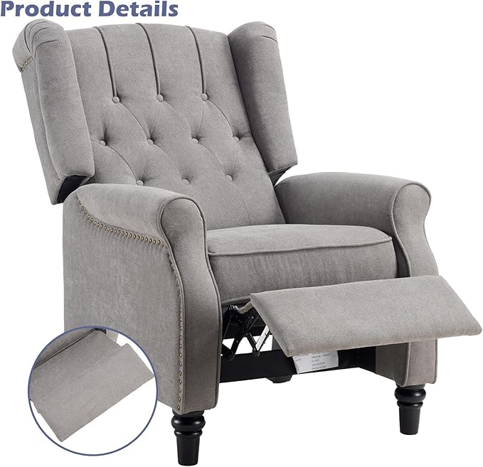 EBELLO Push Back Recliner Chair Fabric Accent Chair Pushback Recliner with Rivet Decoration Button-Tufted Back Mid Century Wingback Armchair for Living Room Bedroom Grey