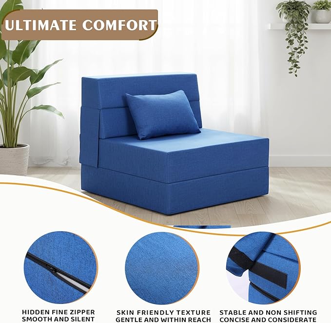 Folding Sofa Bed Foldable Sleeper Chair with Pillow Convertible Fold Out Chair Bed with Washable Cover Foldable Mattress for Living Room Bedroom Guest Room Single Size Blue