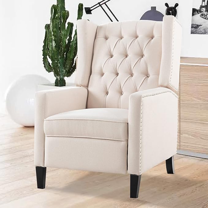 Fabric Recliner Chair Accent Living Room Chairs White Modern Mid-Century Recliner Button Tufted Club Chair Upholstered Reclining Reading Arm Chair 27 Wide