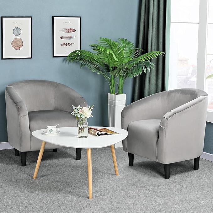 Yaheetech Barrel Chairs Furry Accent Chairs with Soft Padded Armrest for Living Room Bedroom Waiting Room Office Set of 2 Gray