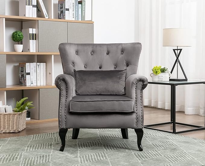 Kmax Velvet Tufted Accent Chair Mid Century Oversized Chair Comfy Sofa Chair Padded Seating WingBack Unique Wood Legs Home Club Bedroom Living Room Grey