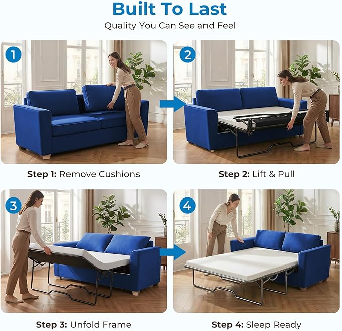 Mjkone 71 Width Full Size Pull Out Sofa Bed Sleeper Couch with Pillows and Folding Mattress 2 in 1 Velvet Loveseat Sleeper Sofa with Pull Out Couch Beds for Home Living Room Small Spaces Blue