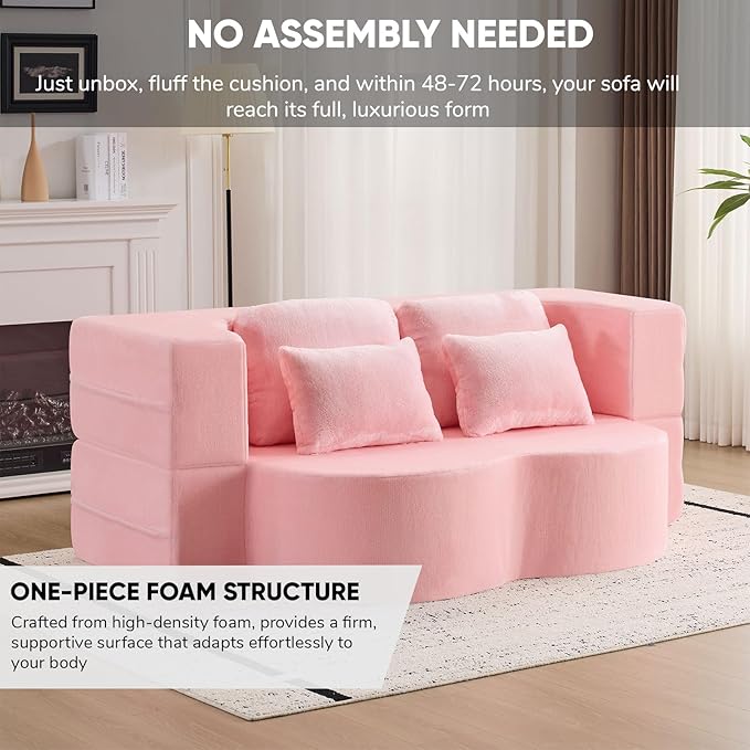 JOYBASE 78in Sofa Couch Convertible Oversized Cloud Loveseat Minimalist Sleeper Sofa Bed for Living Room Apartment Office No Assembly Required (Light Pink)