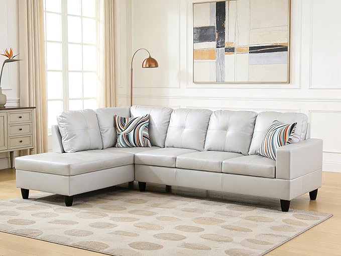 103.5 Inch Modern L-Shaped Couch PU Leather Sectional Sofa with Chaise Lounge 4-Seater Couch with Accent Pillows for Living Room Apartment Silver Grey