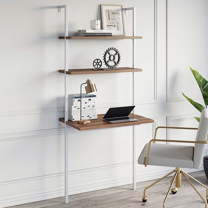 Nathan James Theo 2-Shelf Industrial Wall Mount Ladder Small Computer or Writing Desk Rustic Oak/White