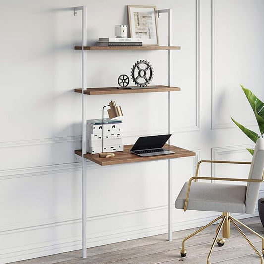 Nathan James Theo 2-Shelf Industrial Wall Mount Ladder Small Computer or Writing Desk Rustic Oak/White