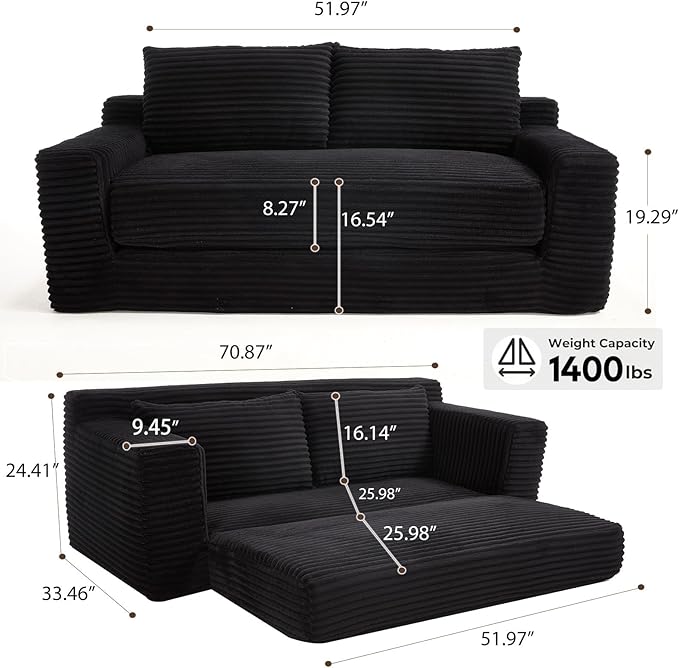 GNIXUU 71 Corduroy Cloud Loveseat Sofa 2 in 1 Convertible Black Boneless Sleeper Sofa with Fixed-Shape Frame Comfy Folding Love Seat Couches for Living Room Apartment Small Spaces