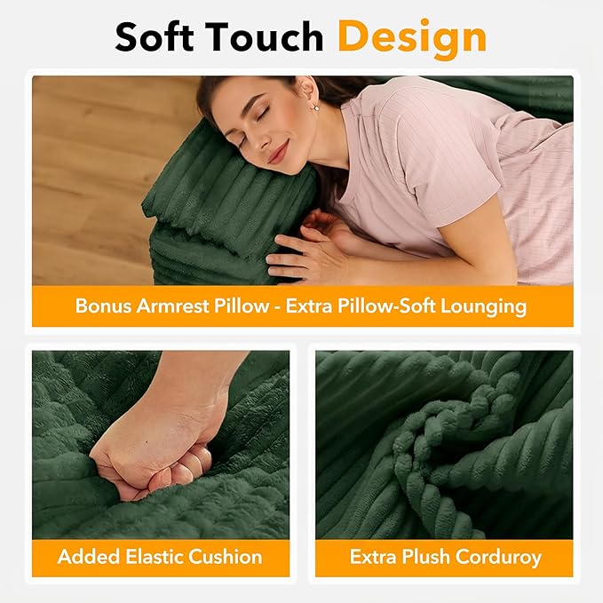 60in Loveseat Sofa Boneless Cloud Couch Sofa for Living Room 2 Seater Modern Lounge Sleeper Couch with Removable Cover Corduroy with Armrest Seat Cushion &amp Pillows for Small Spaces Green