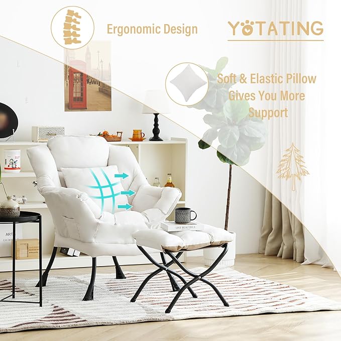 Lazy Chair with Ottoman Comfy Reading Lounge Chair with Footstool &amp Throw Pillow Modern with Armrests &amp Side Pocket for Living Room Bedroom Dorm Room Beige