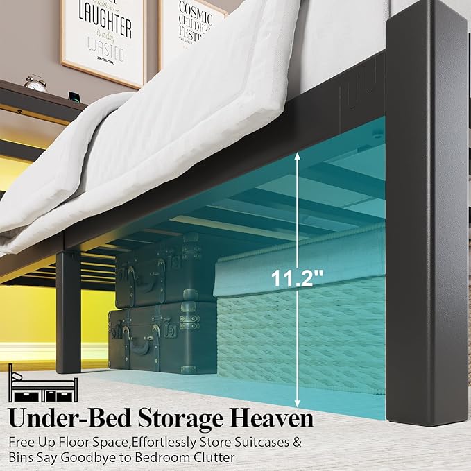 Twin Size Bed Frame with Storage Headboard Industrial Platform Bed with Charging Station and LED LightsUnderbed Storage Space No Box Spring Needed Easy Assembly Modern Black