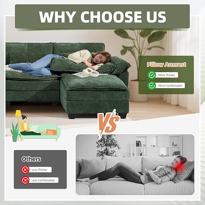 108 Modular Sectional Sofa Comfy Cloud Couch with Ottoman &amp USB Port for Living Room L Shaped Modern Chenille Couches with Throw Pillows for Bedroom Apartment Green