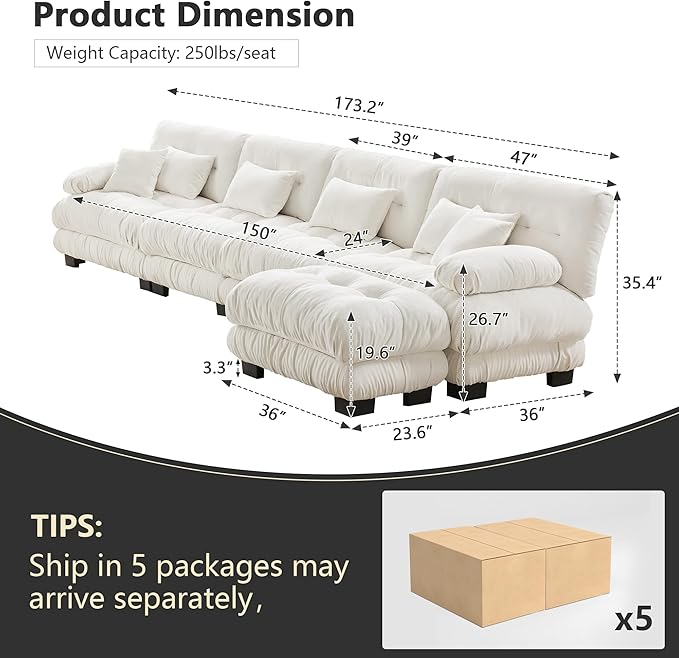 Setawix Luxury Modular Sectional Sofa Couch with Deep SeatOversized L-Shaped 4 Seater Sofas with Curved ArmrestComfy Chenille Cloud Couch for Living RoomWhite