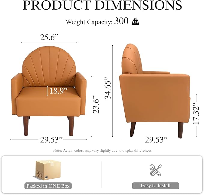 PU Accent Chairs for Living Room with High-Density Foam Cushion Mid-Century Single Sofa Armchair with Solid Wood Legs Upholstered Reading Chair for Bedroom Home Office (Shell Orange)