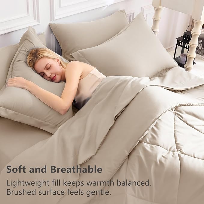 CozyLux Queen Comforter Set Wheat - Bed in a Bag Queen Size 7 Pieces Luxury Soft Bed Set for All Seasons Bedding Set with Down Alternative Comforter Sheets Pillowcases &amp Shams