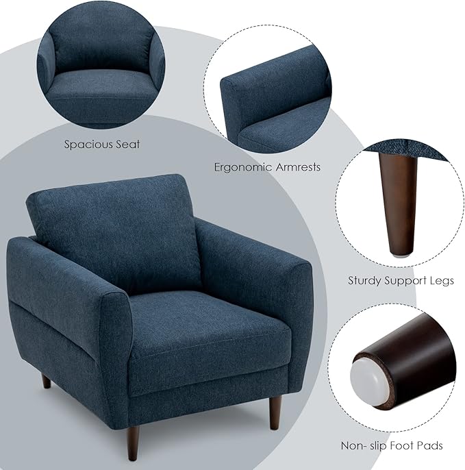 Giantex Sofa Chair Upholstered Mid-Century Modern Accent Chair with Solid Wood Frame for Living Room Small Spaces Bedroom Apartment Reception Room Blue