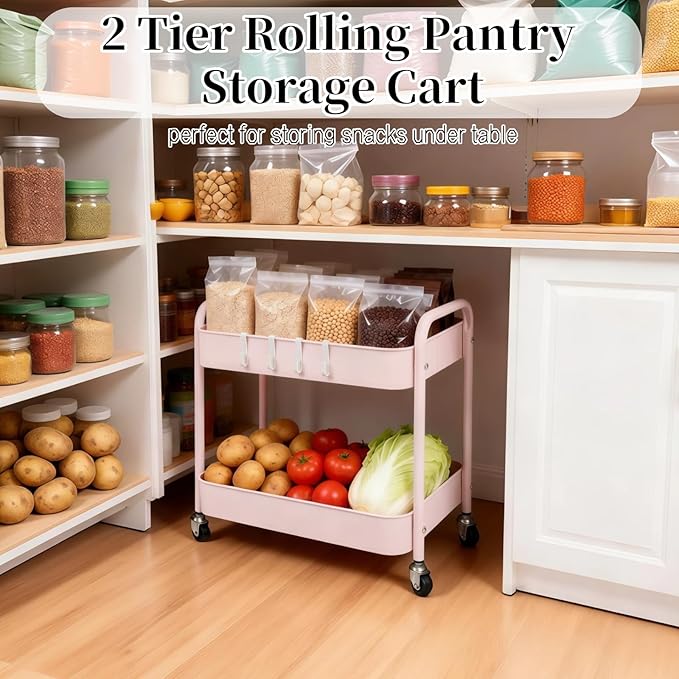 2 Tier Pink Rolling Cart with Wheels for Under Desk Storage Large Capacity Rolling Pantry &amp Kitchen Storage Cart for Small Space Sturdy Metal Bathroom Shelf Laundry Room Organization