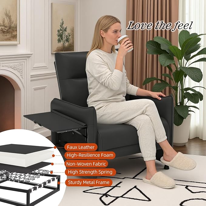 Faux Leather Accent Soft Chairs Set of 2 with Flip-Up Tray Table Side Pocket Ergonomic Soft Backrest &amp Elastic Cushion Modern Accent Chairs for Living Room Bedroom Black
