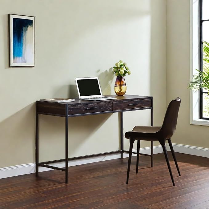 Caffoz 48 Dark Brown Writing Desk - 30KG Load Computer Desk with 2 Drawers &amp Storage Shelf 1-Person Easy Assembly Space-Saving Workstation for Home Office/Dorm/Bedroom Metal Wood Contemporary D