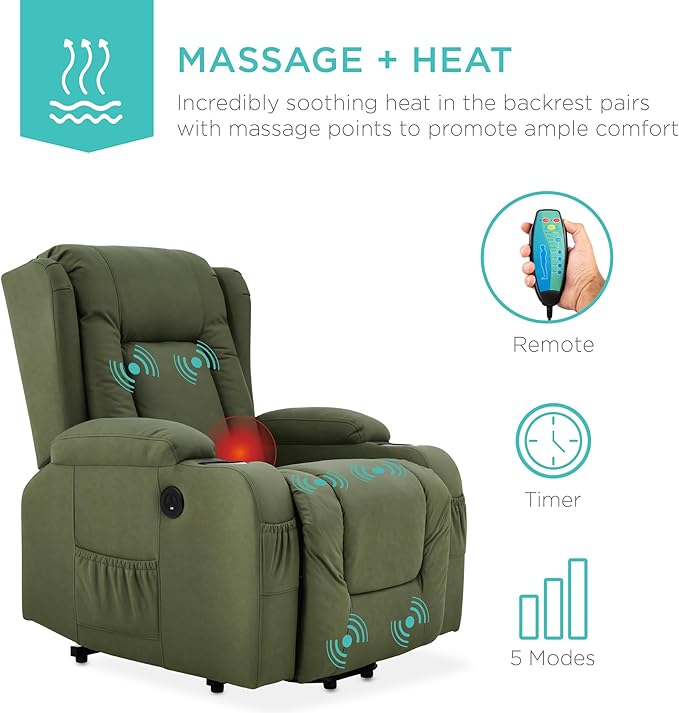 Best Choice Products PU Leather Electric Power Lift Chair Recliner Massage Chair Adjustable Furniture for Back Legs w/ 3 Positions USB Port Heat Cupholders Easy-to-Reach Side Button - Olive