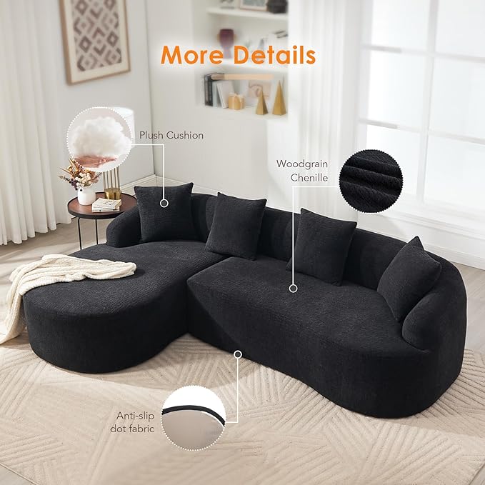 KEIKI L-Shaped Chenille Modular Sectional Couches with Chaise Lounge &amp 4 Pillows 3 Seater Oversized Upholstered Luxury Plush Cloud Sofa for Living Room Apartment Full Sponge Compression