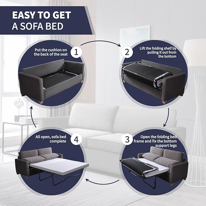 ijuicy Full Size Pull Out Couch Pull Out Sofa Bed with Foam Mattress Velvet Sofa with Pull Out Bed 2-in-1 Sleeper Couch Bed for Living Room Apartment Small Spaces (Dark Grey)