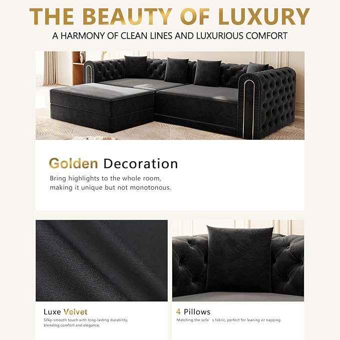 90.6'' Velvet Foldable Sofa Bed 3-in-1 Chesterfield L Shaped Sofa King Pull Out Floor Couch Gold Trim Armrests Extra Deep Couches with 4 Pillows for Living Room Apartment Gold Black