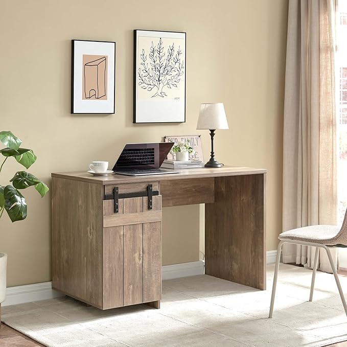 Home Office Desk Hazelnut - One Cabinet Three Shelves - Faux Barn Door Metal Euro Hinges
