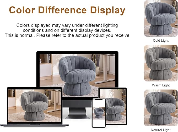 Mid Century Modern 360 Degree Barrel Swivel Accent Sofa ChairFluffy Velvet Fabric Lounge Wide Upholstered Pumpkin Reading Chair Round Cloud Armchair for Living RoomBedroomVanity(Gray)