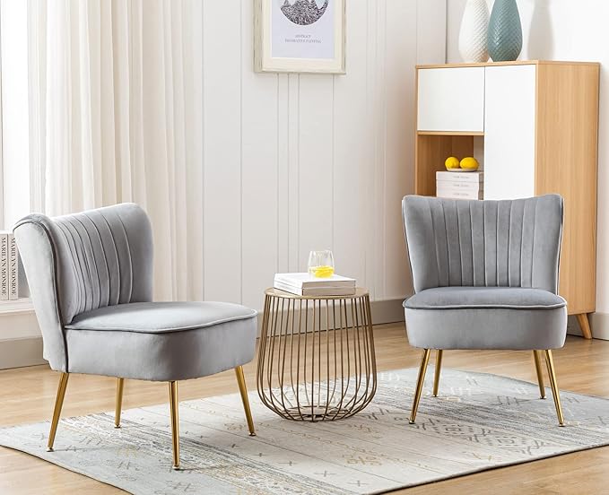 Grey Velvet Accent Chairs Set of 2 with Golden Legs Modern Upholstered Slipper Chairs Comfy Armless Wingback Side Chairs Corner Chair for Bedroom/Dining Room/Living Room/Office