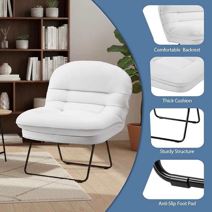 DUMOS Comfy Saucer ChairPU Leather Foldable Chairs for Bedroom Dorm &amp Gaming Fashion Floor Chair with Back Support for Small Spaces New White