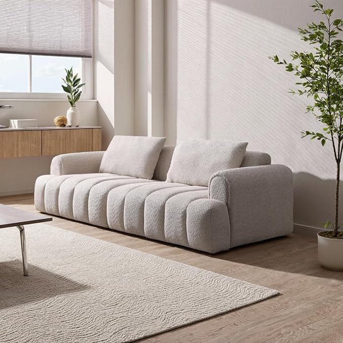 Modern Couch Sofa for Living Room Oversized Sectional Sofa 4-Seater Comfy Teddy Velvet Upholstered Couch Lounge Sofa for Apartment Small Space Beige Sofa Couch