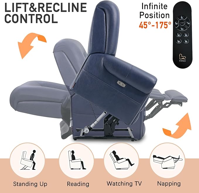 EONIX Four Motor Lay Flat Power Lift Recliner Chair for Elderly 400lbs Electirc Lift Chair for Living Room Independent Adjustable Lumbar Support &amp Headrest Extended Footrest Navy Blue