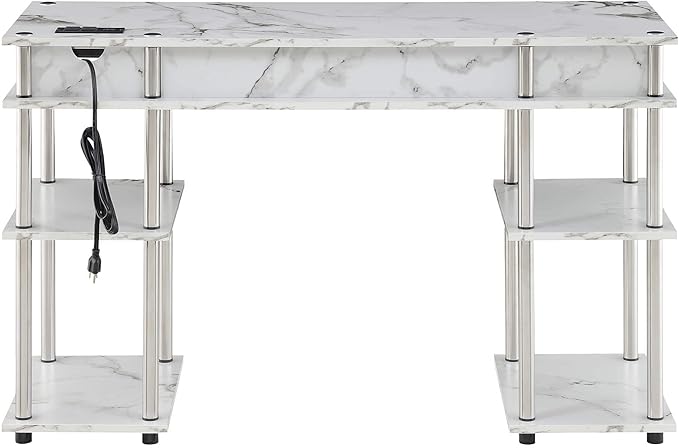 Convenience Concepts Designs2Go No Tools Student Desk with Charging Station and Shelves White Marble