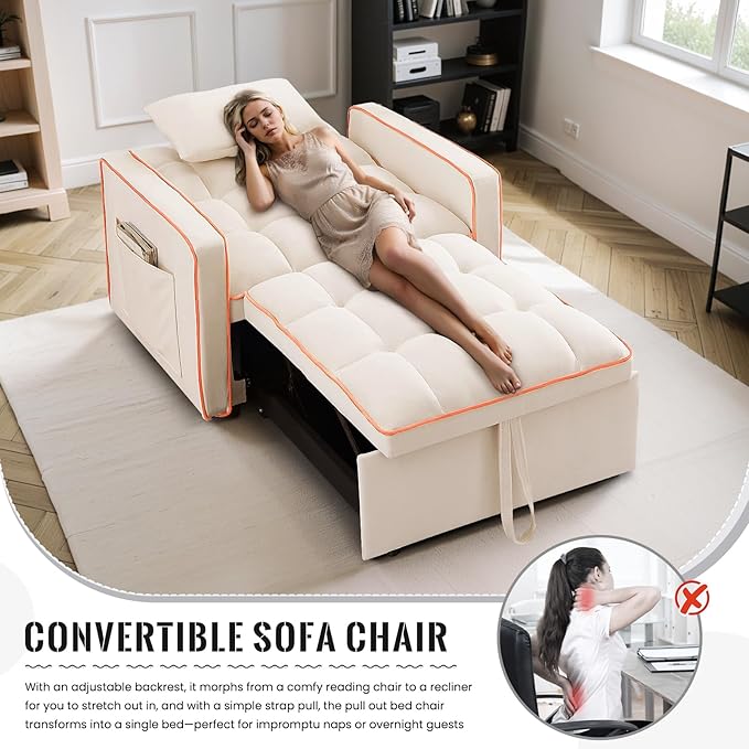 3 in 1 Velvet Sleeper Chair Pull Out Convertible Single Sofa Bed Futon Modern Tufted Chair Bed with Adjustable Backrest Pullout Sleeper Sofa Chair for Bedroom Living Room Indoor Lounge(Beige)