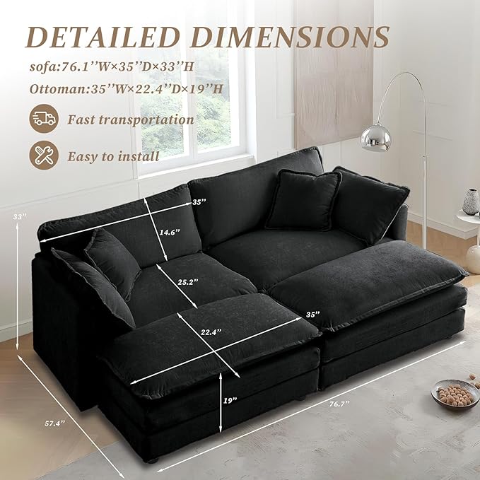 SoarFlash Chenille Sectional Sofa Comfy Modular Coush Sofa with Ottoman Modern 2 Seat Recliner Deep Seat Sofa Set for Living RoomGrey