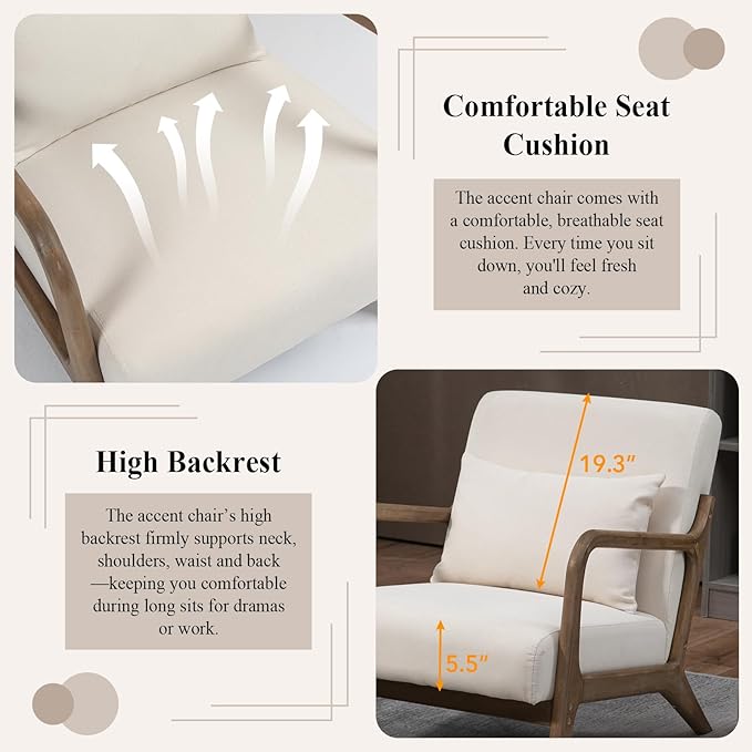Minimalist Accent Chair Velvet Upholstered Mid-Century Modern Chair with Pillow Lounge Arm Chair with High Backrest Comfy Reading Chair for Living Room Balcony (White-Light Brown)