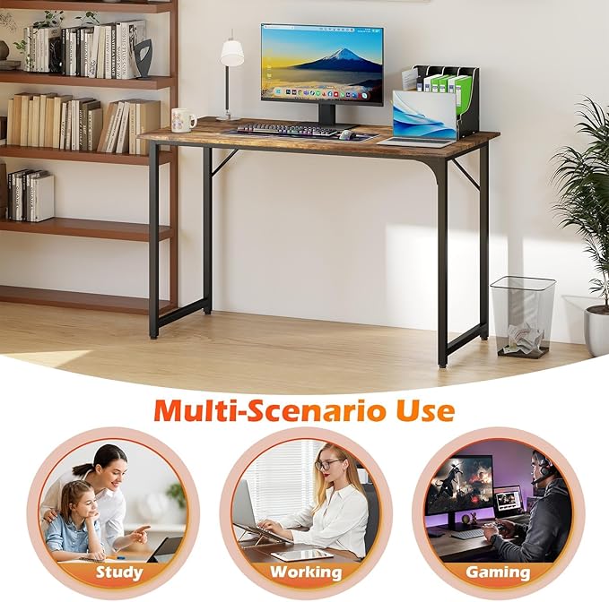 Bigacc Computer Desk Office Desk with Metal Frame Adjustable Feet | Water-Resistant Scratchproof Surface | Sturdy Writing Table for Home Office or Study (Vintage 47 Inch)