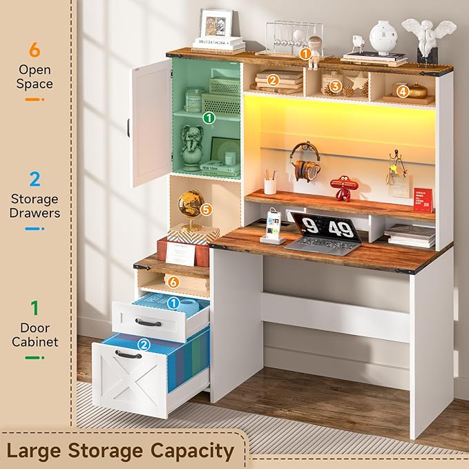 Vabches 51 Executive Desk Farmhouse Home Office Desk with Charging Station LED Light File Drawer Storage Cabinet Monitor Stand Wood Computer Desk with Hutch for Work Study Writing (White)