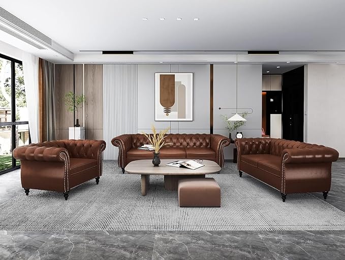 AVZEAR Leather Upholstered Armchair Single Sofa Chair with Rolled Arms and Nailhead Mid-Century Modern Tufted PU Chesterfield Chair for Living Room Bedroom Office Apartment PU Brown