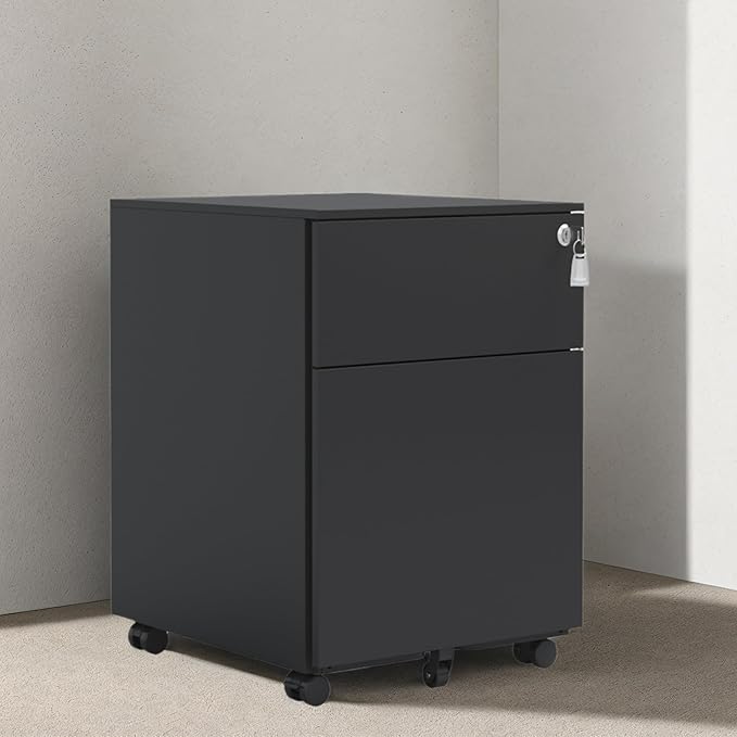 2 Drawer File Cabinet with Lock &amp Wheels Under Desk Metal Filing Cabinet Steel Small Rolling File Cabinet with 2 Keys for Letter/Legal/A4 Size Fully Assembled Except Wheels (Black)