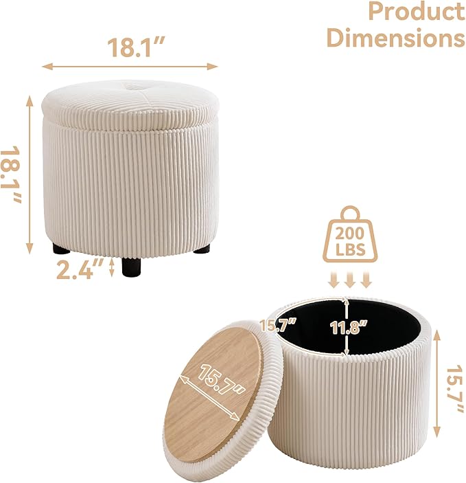 Corduroy Storage Ottoman with Flip-Top Tray Modern Upholstered Ottoman Coffee Table Dual Leg Options Ottoman Footrest for Living Room Bedroom Office White