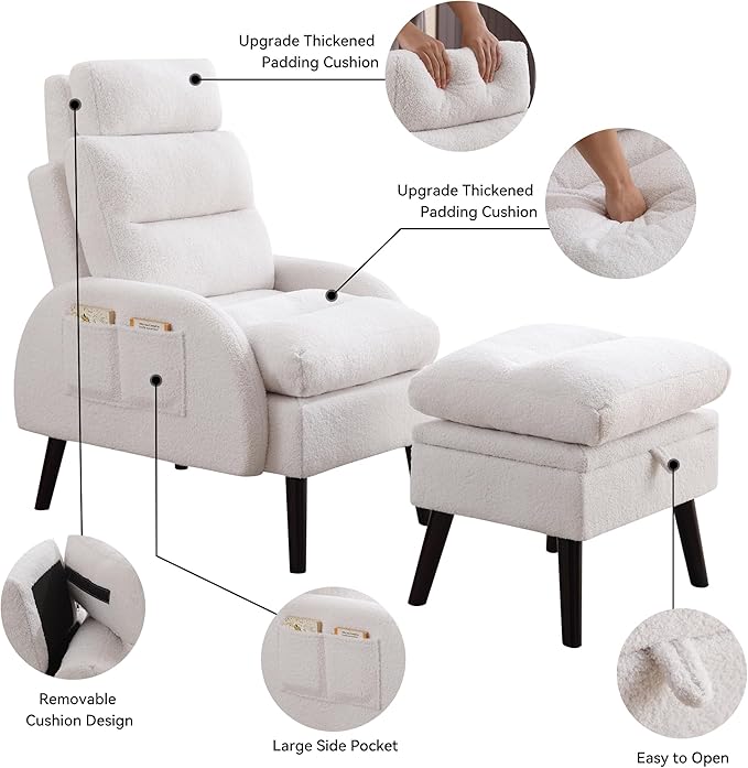 Accent Chair with Ottoman Set Comfy Reading Chair and Ottoman Modern Oversized Lounge Armchair with Adjustable Backrest for Living Room Bedroom Teddy White