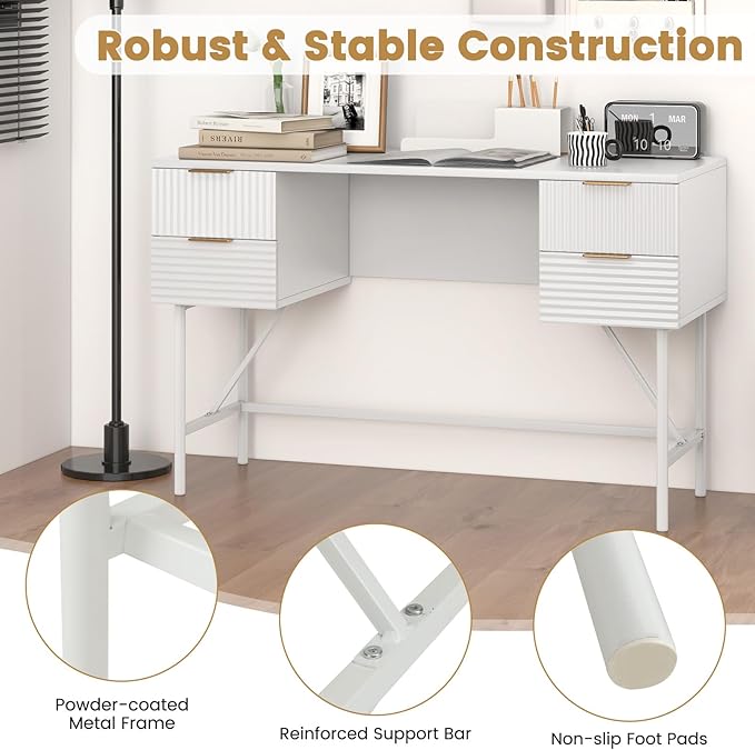 Giantex Modern Desk with 4 Drawers 48 Inch Computer Desk with Storage Heavy-Duty Gold Metal Frame Makeup Vanity Dressing Table White and Gold Desk for Bedroom Study Home Office