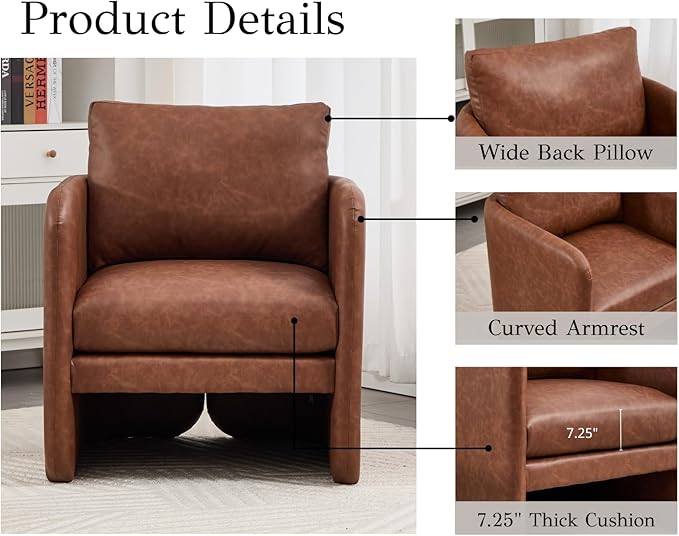 EALSON Leather Upholstered Modern Accent Chair Mid-Century Barrel Armchair with Padded Cushion Comfy Reading Chair for Living Room/Bedroom Brown