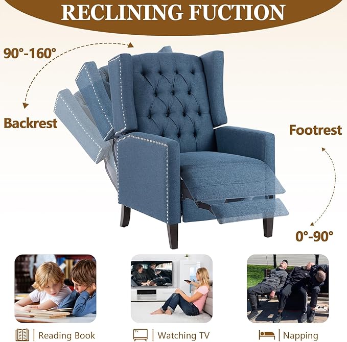 Wingback Recliner Chairs with Foldable Side Table&ampUSB Charging PortsMid Century Accent Single Sofa Small Recliner ChairModern Comfy Pushback Reclining Chair for Living Room (Polyester Blue)