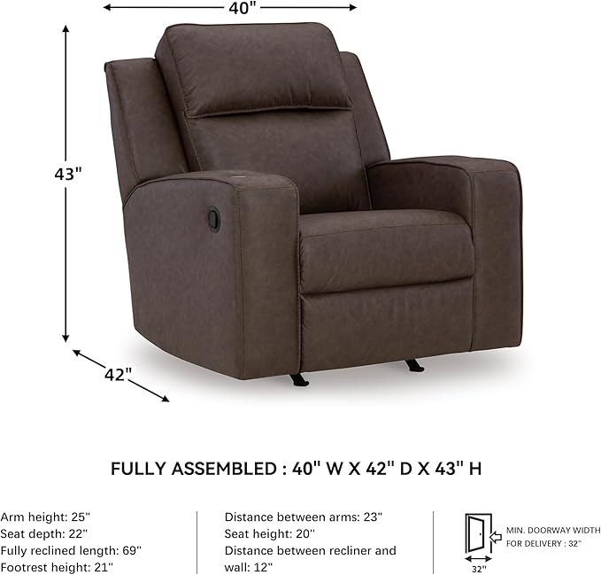 Signature Design by Ashley Lavenhorne Contemporary Faux Leather Upholstered Manual Rocker Recliner with 2 Cup Holders Dark Brown