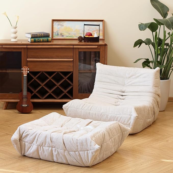 N&ampV Fireside Chair Mid Century Armless Floor Sofa Soft Premium Chenille Floor Lounge Chair Foam Sofa Accent Chair for Living Room Bedroom and Office (White Single)